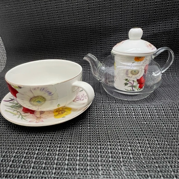 Grace Teaware Tea for One Cup Saucer Infuser With Lid Teapot Poppy Design - Picture 2 of 16